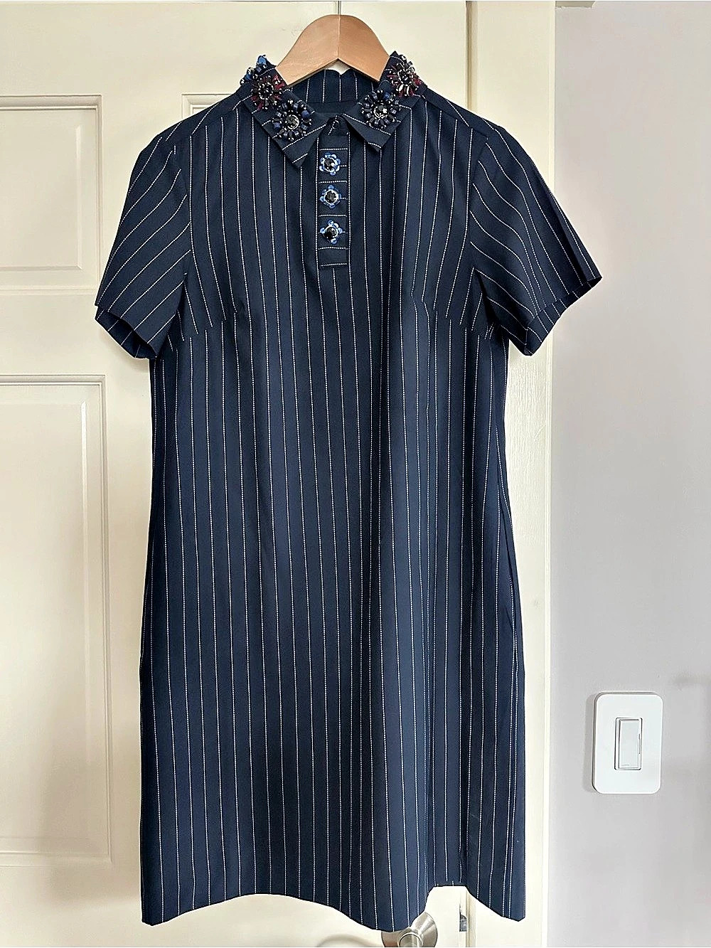 Banana Republic Pinstripe Embellished Collar Dress Blue & White Small